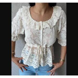 ZARA Crochet & Lace Ruffled Peplum Lolita Top Cream Cottagecore Coquette Sz M